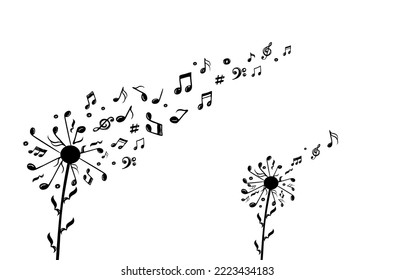 Background with dandelion and  music notes.Conceptual illustration of freedom and serenity.