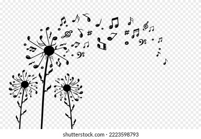 Background with dandelion and music notes.Dandelion with flying notes and seeds. Conceptual illustration of freedom and serenity.