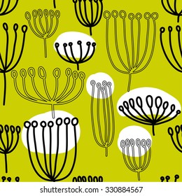 Background with dandelion. Seamless pattern with blowballl. Black and white abstract pattern. Scandinavian style.