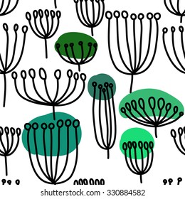 Background with dandelion. Seamless pattern with blowballl. Black and white abstract pattern. Scandinavian style.