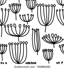 Background with dandelion. Seamless pattern with blowballl. Black and white abstract pattern. Scandinavian style.