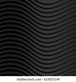 Background of dark, black, wavy, volumetric lines. Are located exactly in a row. 3d illustration. Cast shadows