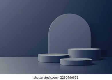 background dark blue 3d cosmetic minimal scene with platform. stand to show cosmetic products. stand to show cosmetic products.stage showcase on pedestal cosmetic 3d studio.background vector 3d render