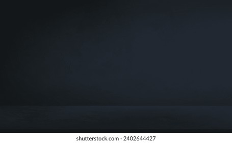 Fondo Sala de hormigón de pared azul oscuro,Sala de cemento estudio vacía con luz,Sombra sobre la superficie de la textura del suelo,Pantalla de podio de mockup de fondo del vector para presentación del producto con espacio de copia 