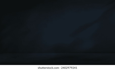 Fondo Sala de hormigón de pared azul oscuro,Sala de cemento estudio vacía con luz,Sombra sobre la superficie de la textura del suelo,Pantalla de podio de mockup de fondo del vector para presentación del producto con espacio de copia 