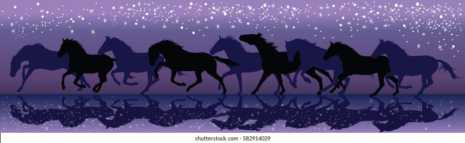 Background with dark horses galloping in the night under the stars vector Illustration