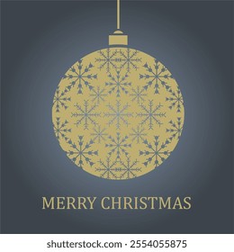 The background is a dark navy blue, complementing the ornament's golden-yellow hue. The words 'MERRY CHRISTMAS' are written at the bottom in matching golden-yellow text.