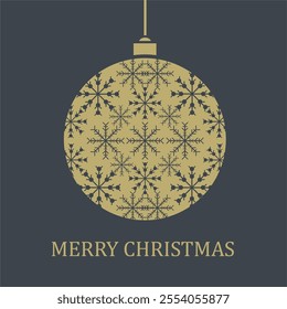 The background is a dark navy blue, complementing the ornament's golden-yellow hue. The words 'MERRY CHRISTMAS' are written at the bottom in matching golden-yellow text.