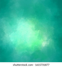 Background with dashed watercolor clouds of green color. Clearance in the clouds, hope. Grassy background