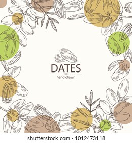 Background with date fruit: branch, date fruits and leaves. Vector hand drawn illustration.