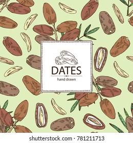 Background with date fruit: branch, date fruits and leaves. Vector hand drawn illustration.