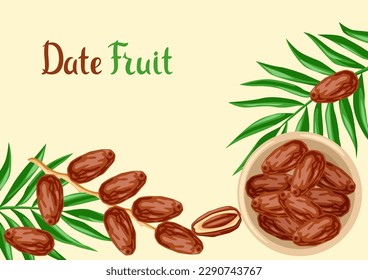 Background with dates fruits and palm leaves. Tropical vegetarian food for healthy lifestyle.