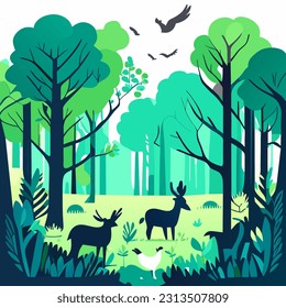 Background with deciduous forest, birds and deer. Vector illustration