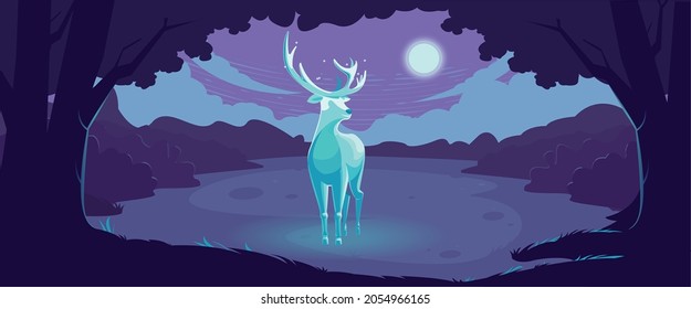 Background with deciduous forest deer. Mystical glowing deer silhouette in dark forest at night. Vector cartoon fantasy illustration.  