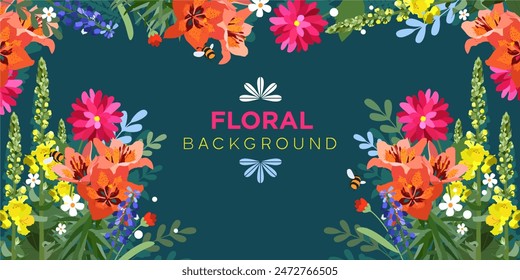 Background decor with garden and meadow flowers in vector, flat style.