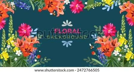 Background decor with garden and meadow flowers in vector, flat style.
