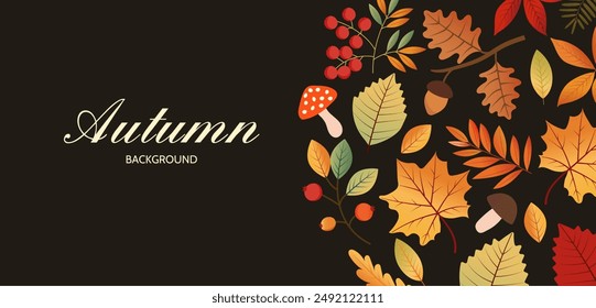 El fondo está decorado con un tema de otoño. Hojas de otoño, bayas, hongos y bellotas. Festival de otoño. Se puede utilizar en el Diseño web, medios sociales, impresión, tarjetas de felicitación.