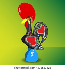 Background - Decorated black Barcelos rooster with hearts, flowers and dots. Editable vector. Culture and crafts.