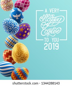 Background with decorated Easter eggs, design of greeting card. EPS 10 contains transparency