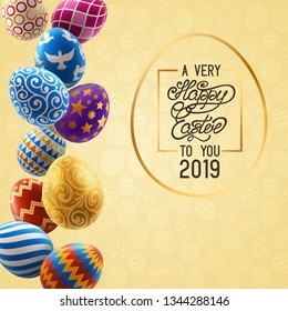 Background with decorated Easter eggs, design of greeting card. EPS 10 contains transparency