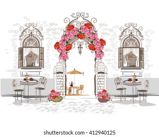 Background decorated with flowers, old town view and street cafe. Hand drawn Vector Illustration.