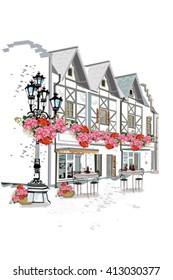 Background decorated with flowers, old town view and street cafe. Hand drawn Vector Illustration.