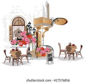 Background decorated with flowers, old town view and street cafe. Hand drawn Vector Illustration.