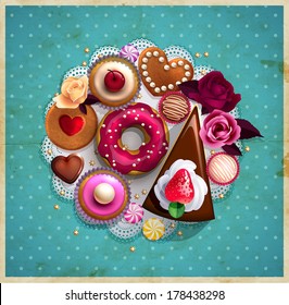 El fondo está decorado con dulces, pastelitos, rosas galletas, donut, pasteles, chocolate y estrellas doradas para carteles, invitaciones y postales. 