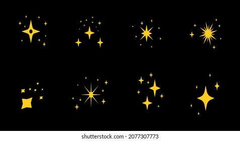 Background decorating, design, stars, yellow, orange, new year. Illustration 
 set of star icons, twinkling, fireworks, sparkling flash, starlight