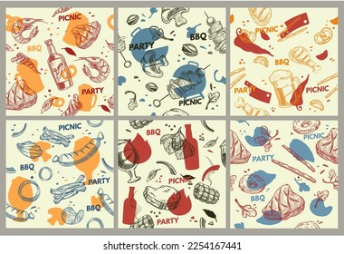 Background decoration with bbq, grilled food. Decorative pattern collection with hand drawn ingredient elements, vector illustration. Seamless banner with picnic dinner, meat and vegetable products