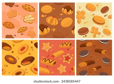 Background decoration with fresh cookies element. Decorative pattern collection with tasty brown cake, biscuits, vector illustration. Baked dessert at seamless banner, culinary design