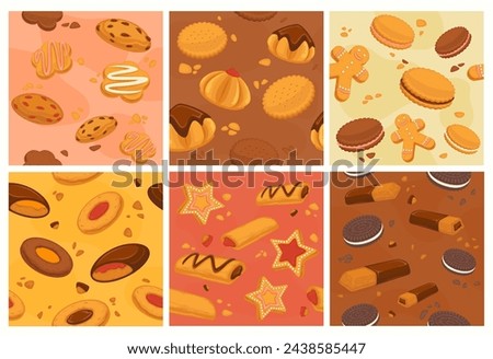 Background decoration with fresh cookies element. Decorative pattern collection with tasty brown cake, biscuits, vector illustration. Baked dessert at seamless banner, culinary design