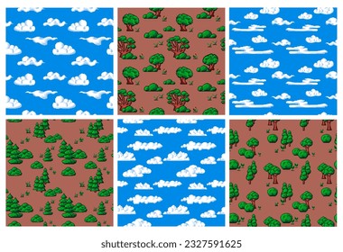 Background decoration with pixel game elements. Decorative background with retro electronic computer game elements, vector illustration. Sky clouds and forest tree collection at seamless banner