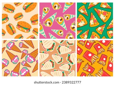 Background decoration set with fast food elements. Colorful junk meal at decorative pattern collection, vector illustration. Seamless banner with street food dessert, ice cream and waffles