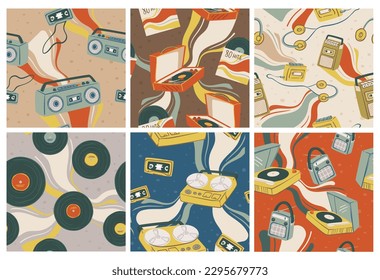 Background decoration set with retro music equipment. Decorative pattern collection with vinyl record, tape elements. Colorful seamless banner with old music recorders