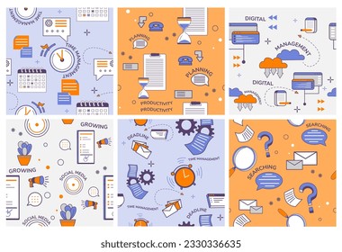 Decoración de fondo para el servicio de gestión del tiempo. Conjunto de patrones decorativos con elementos de trabajo de empresa plana, ilustración vectorial. Colección de banners impecable con planificación de oficinas, trabajo digital