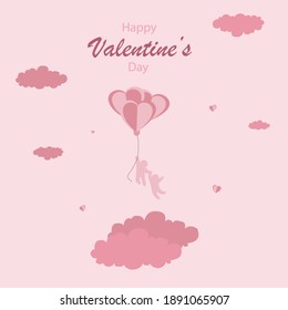 
Background for decoration for valentine's day pink with two people holding a heart-shaped balloon flying through the clouds