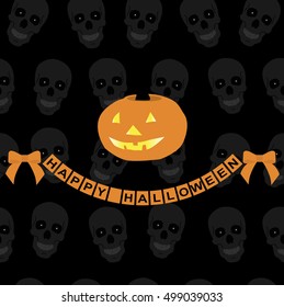 background for the decorations of Halloween. Pattern for greeting or invitation to a party. Lettering happy Halloween with a bow. Pumpkin smiles. Black background with skulls. Vector illustration
