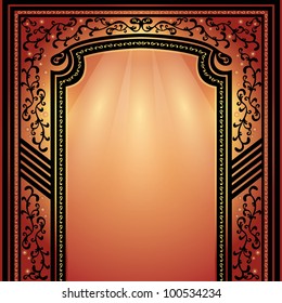 Background with decorative arch and columns golden-dark red, elegance floral frame, vector illustration