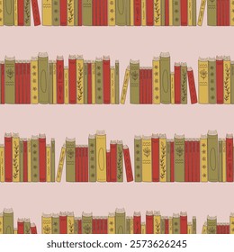 Background with decorative books arranged on shelfs with unique designs. Seamless pattern with retro colors standing books, books spines. Old library. Hand drawn flat design vector illustration.
