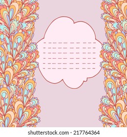 Background with decorative border and with area for your text. Blue, orange, red and mint green decorative elements on a pink background. Vintage background for invitational or greeting card.