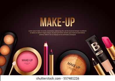 Background with decorative cosmetics products.Vector banner or card template