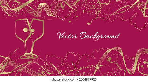 background with decorative elements of wine. Illustrations of glasses and bottles of wine with drawings vine leaves, stains and graphic resources of golden color. Vector