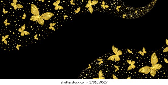 background with decorative golden butterflies on a black background