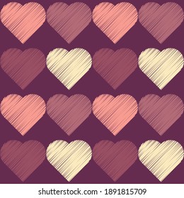 Antecedentes con corazones decorativos. Día de San Valentín. Diseño con eclosión manual. Bordado en tela. Textura de Boho. Ilustración vectorial para diseño web o impresión.