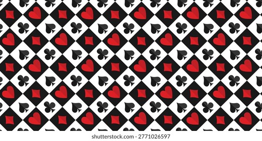 Background decorative pattern featuring the four playing card suit symbols spades, hearts, clubs, and diamonds. Black white and red color motif