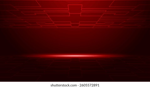 The background is a deep red color with a bright red light in the center. The surface has a patterned border that creates a three-dimensional appearance, giving it a modern and powerful feel.