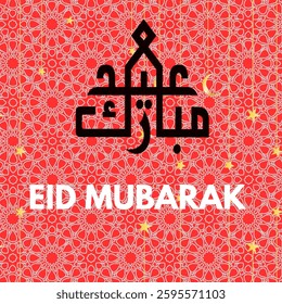 The background is deep red with the same intricate Islamic patterns. Golden stars and crescent moon elements are scattered throughout. The "EID MUBARAK" text in white stands out against the bold red 