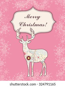 Background with deer and snowflakes vintage