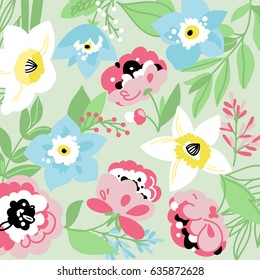 Background of delicate flowers, roses, bells, daffodils
